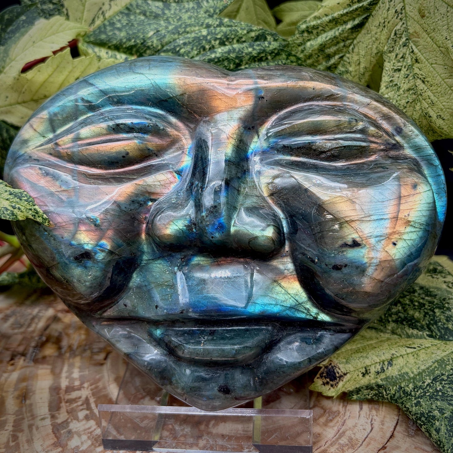 Labradorite crystal heart face carving with natural colourful flash