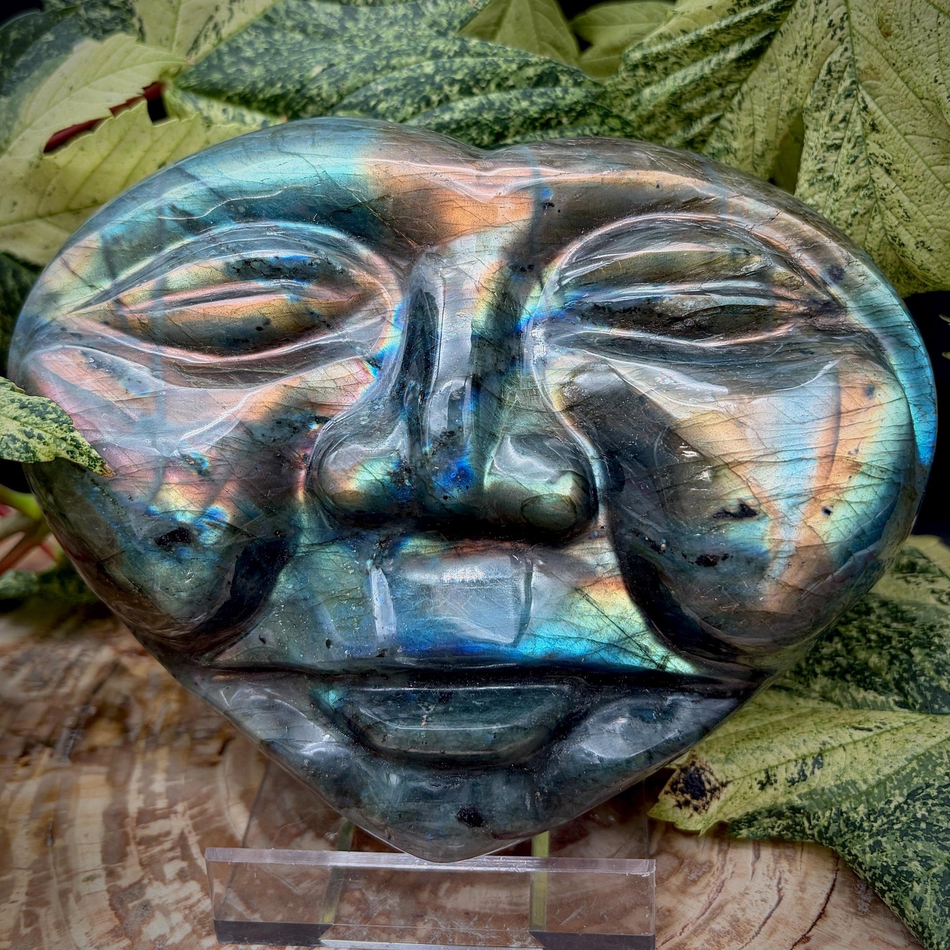 Labradorite crystal heart face carving with natural colourful flash