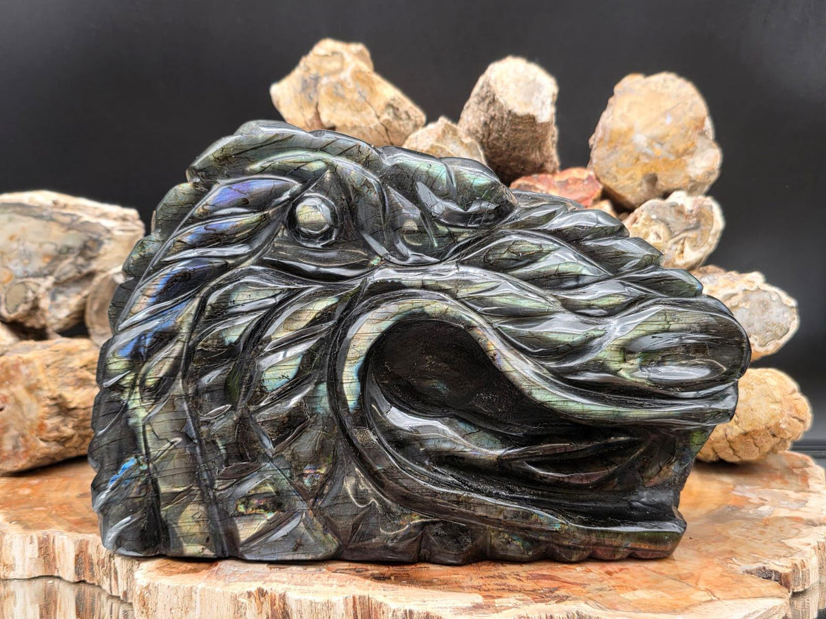 Labradorite Dragon crystal sculpture with polished carved detail