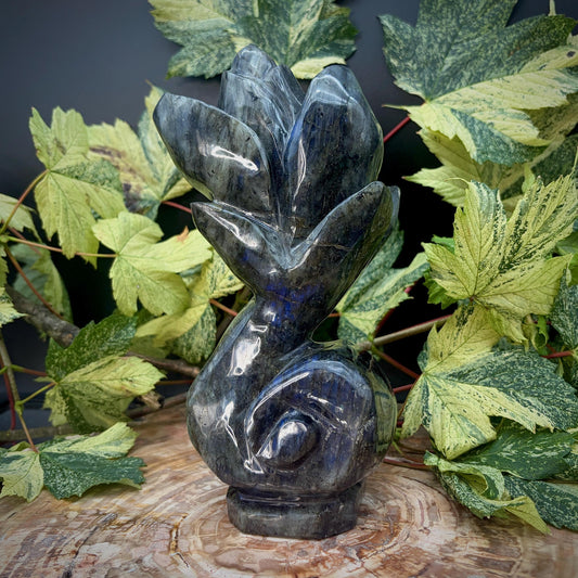 Labradorite flower sculpture hand carved from Madagascan stone