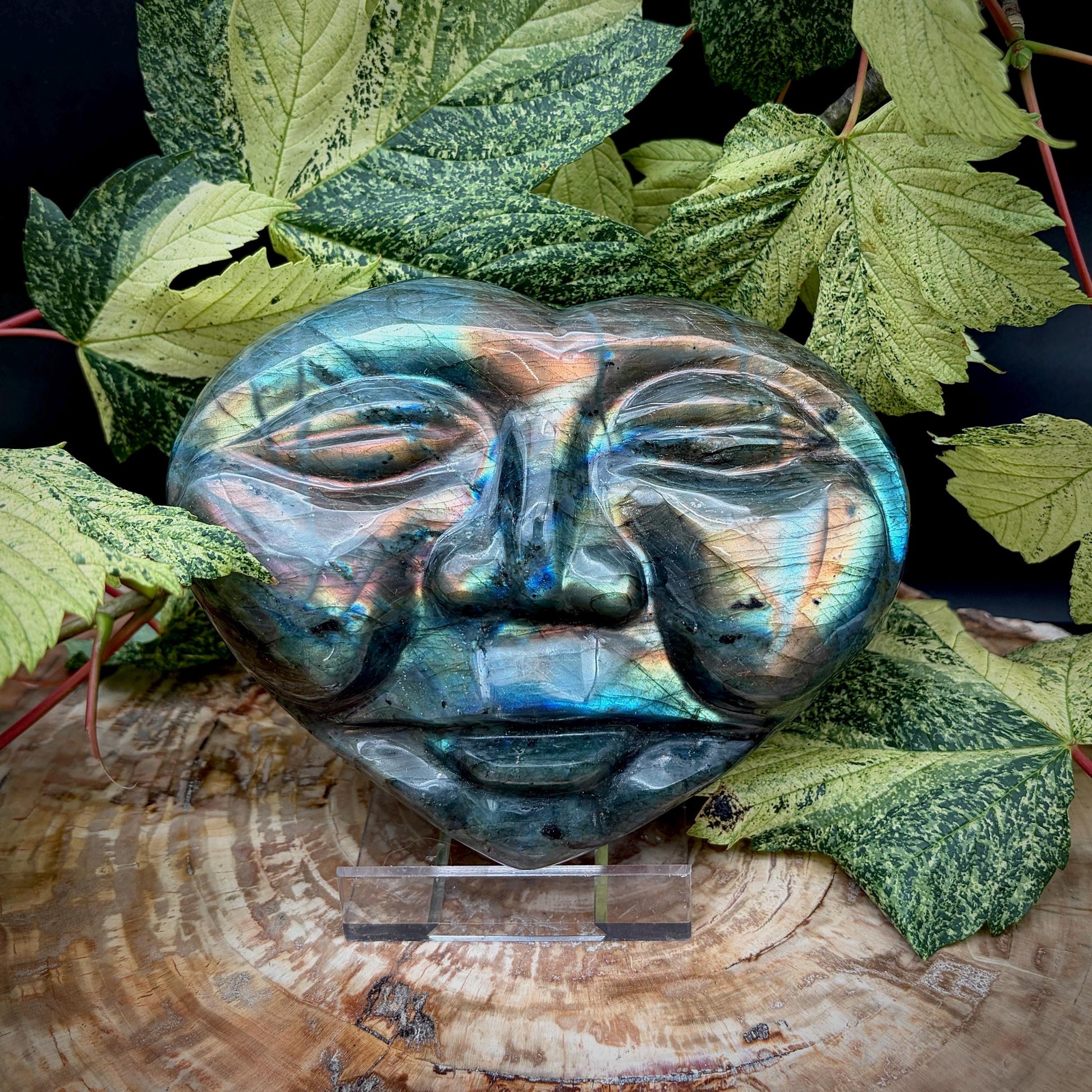 One-of-a-kind Labradorite heart crystal carving from Madagascar