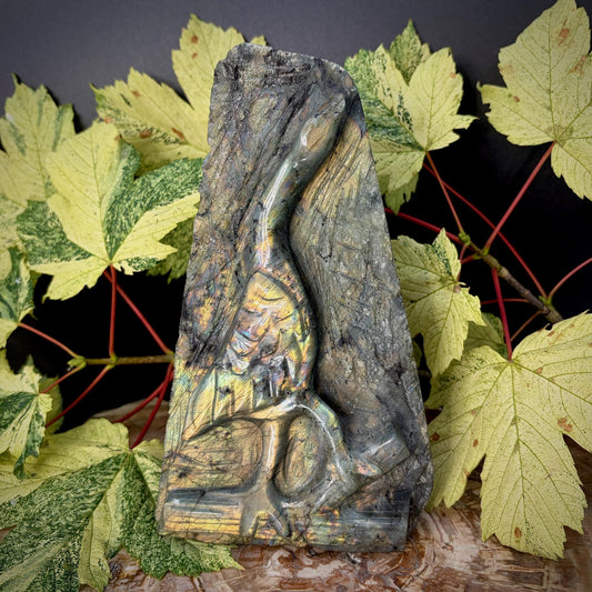 Labradorite heron bird crystal carving with beautiful natural flash