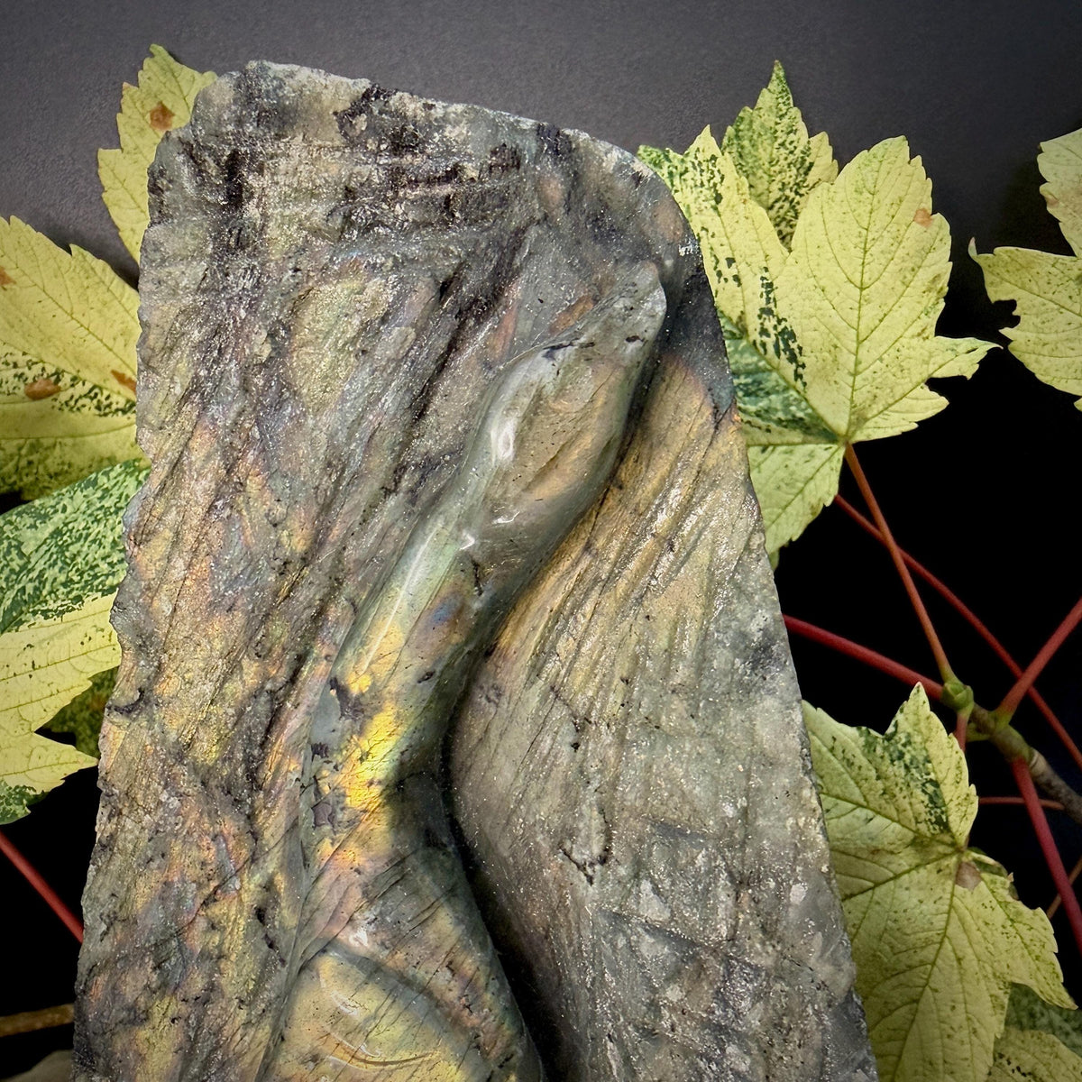 Labradorite heron crystal carving showing natural labradorescence