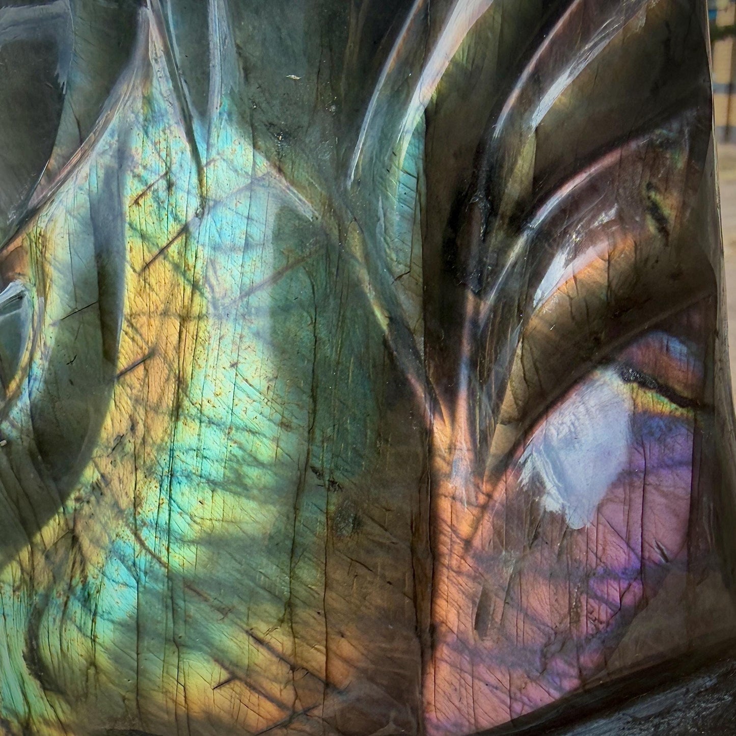 Detailed carving on Labradorite horse head sculpture