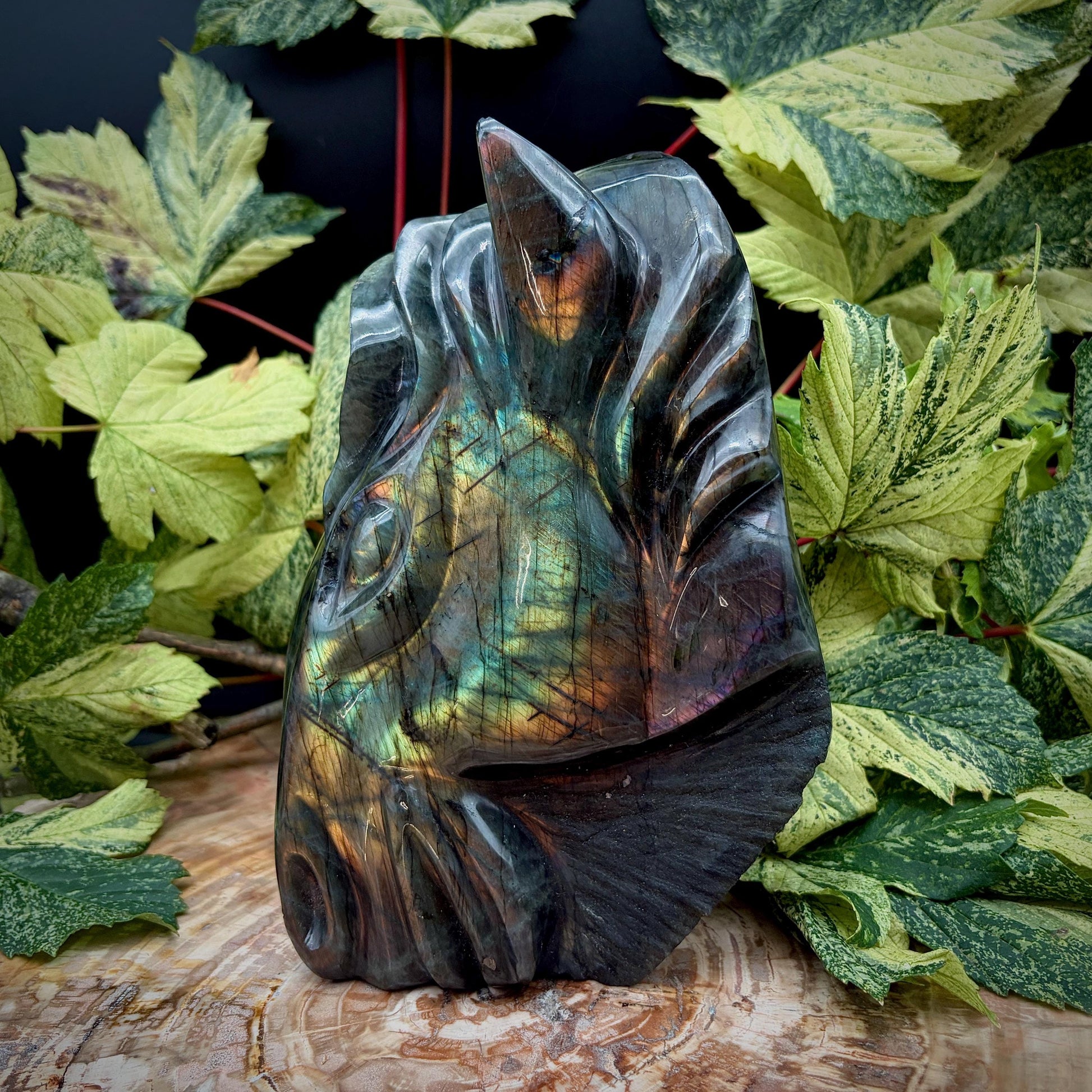 Labradorite horse head sculpture hand carved in Madagascar