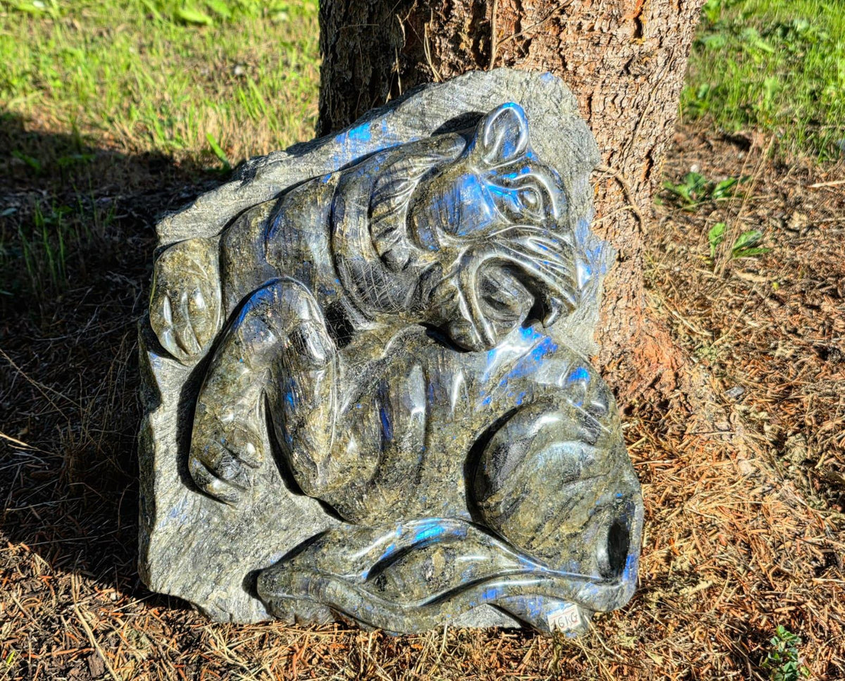 Labradorite Jaguar statement sculpture for distinctive home decor
