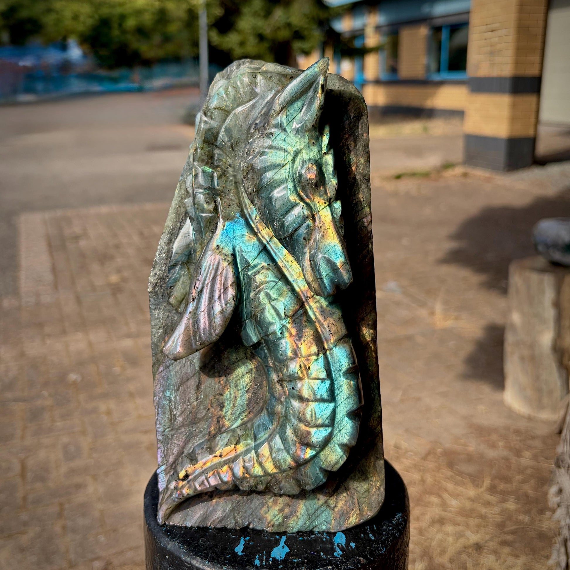 Labradorite seahorse sculpture hand carved from Madagascan stone