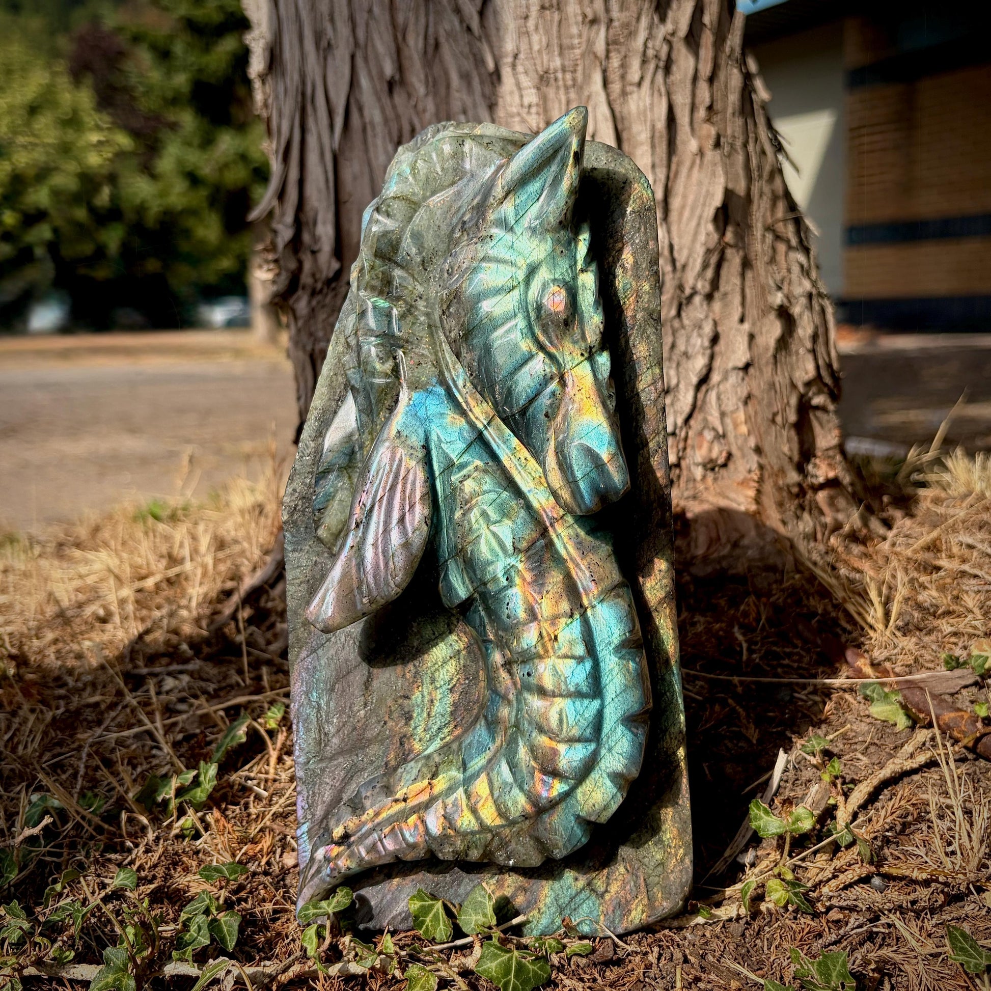 Front view of polished Labradorite seahorse sculpture