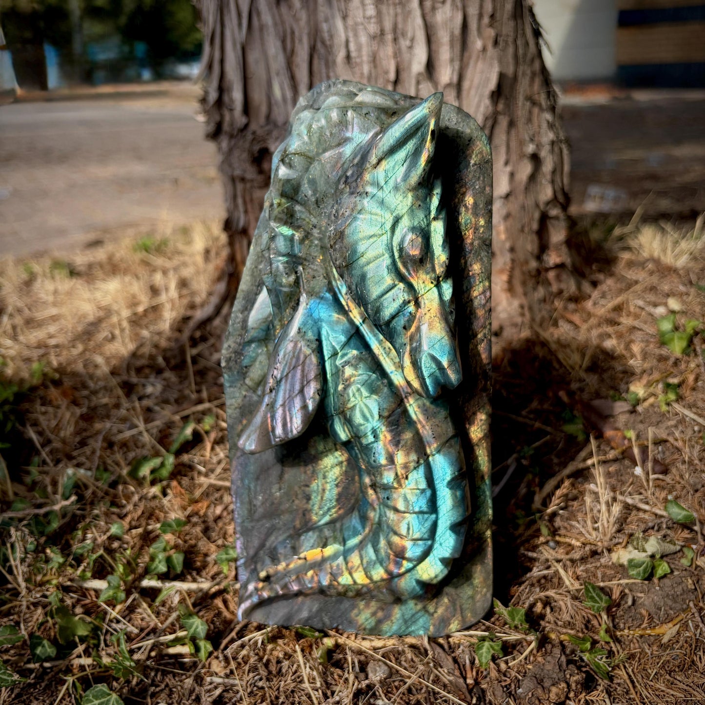 Side view of hand carved Labradorite seahorse