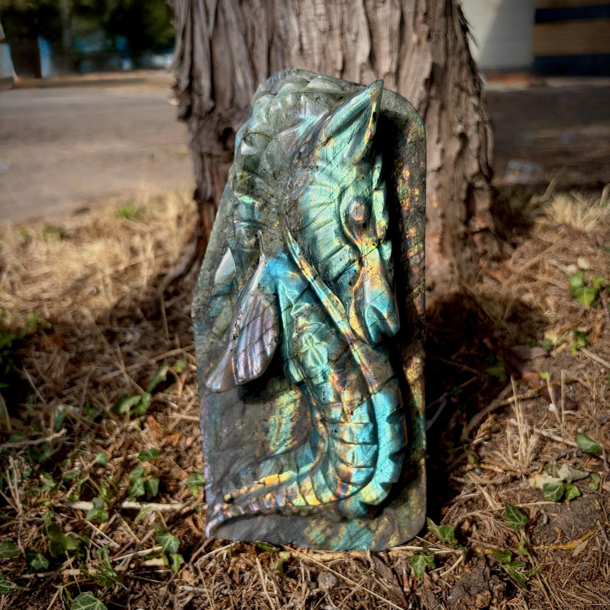 Side view of hand carved Labradorite seahorse