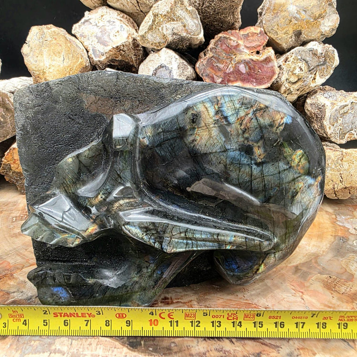 Labradorite crystal freeform carved with a detailed skull face