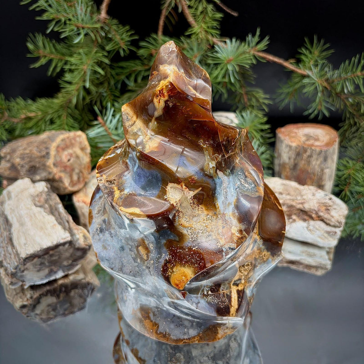 Large natural Agate Crystal Flame weighing 2.44kg, with a polished finish and distinctive sculptural flame shape.