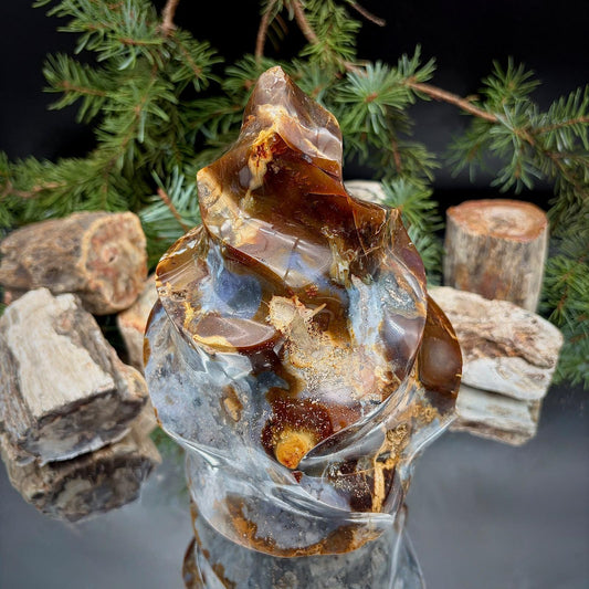 Large natural Agate Crystal Flame weighing 2.44kg, with a polished finish and distinctive sculptural flame shape.