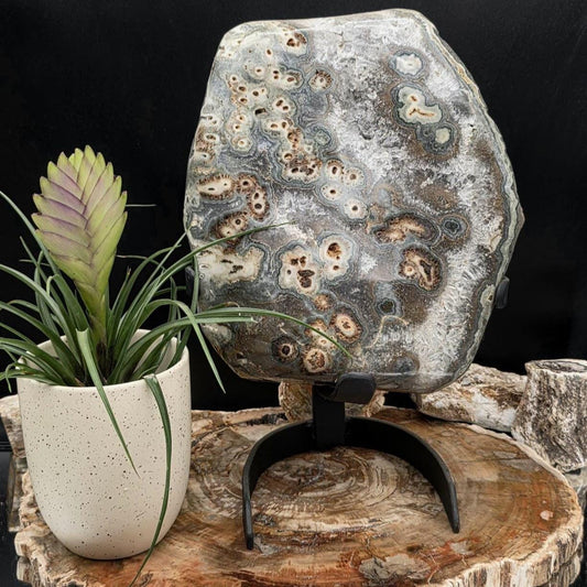 Large 7kg natural Agate and Quartz crystal specimen presented on a custom display stand.