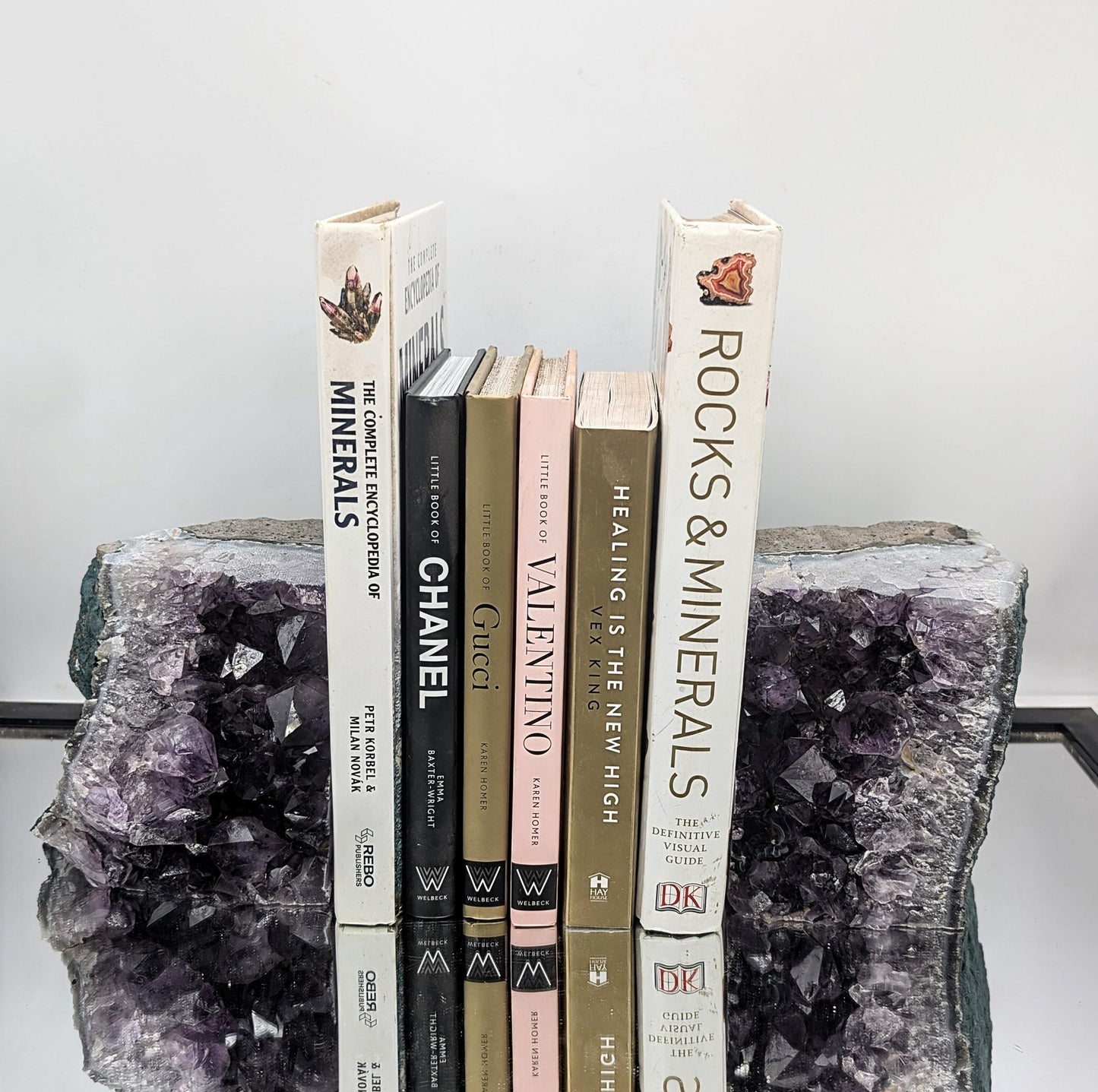 Large amethyst crystal bookends used in home decor
