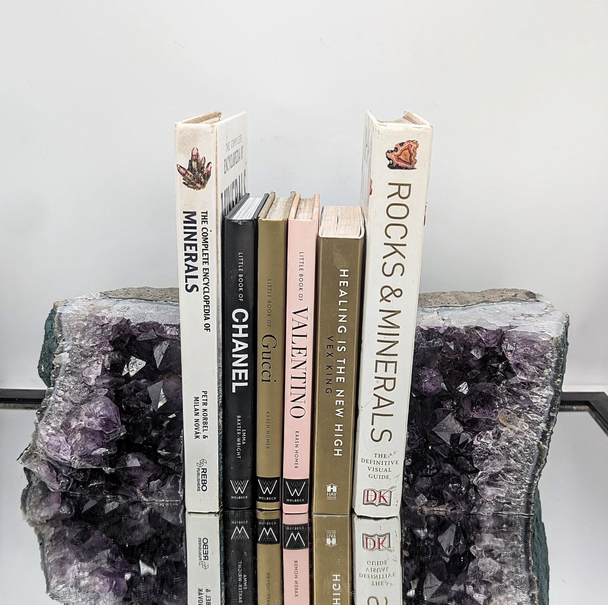 Large amethyst crystal bookends used in home decor