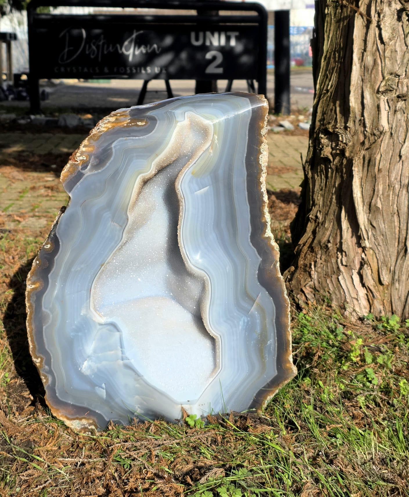 Large blue agate crystal geode 29.5kg from Madagascar with druzy interior