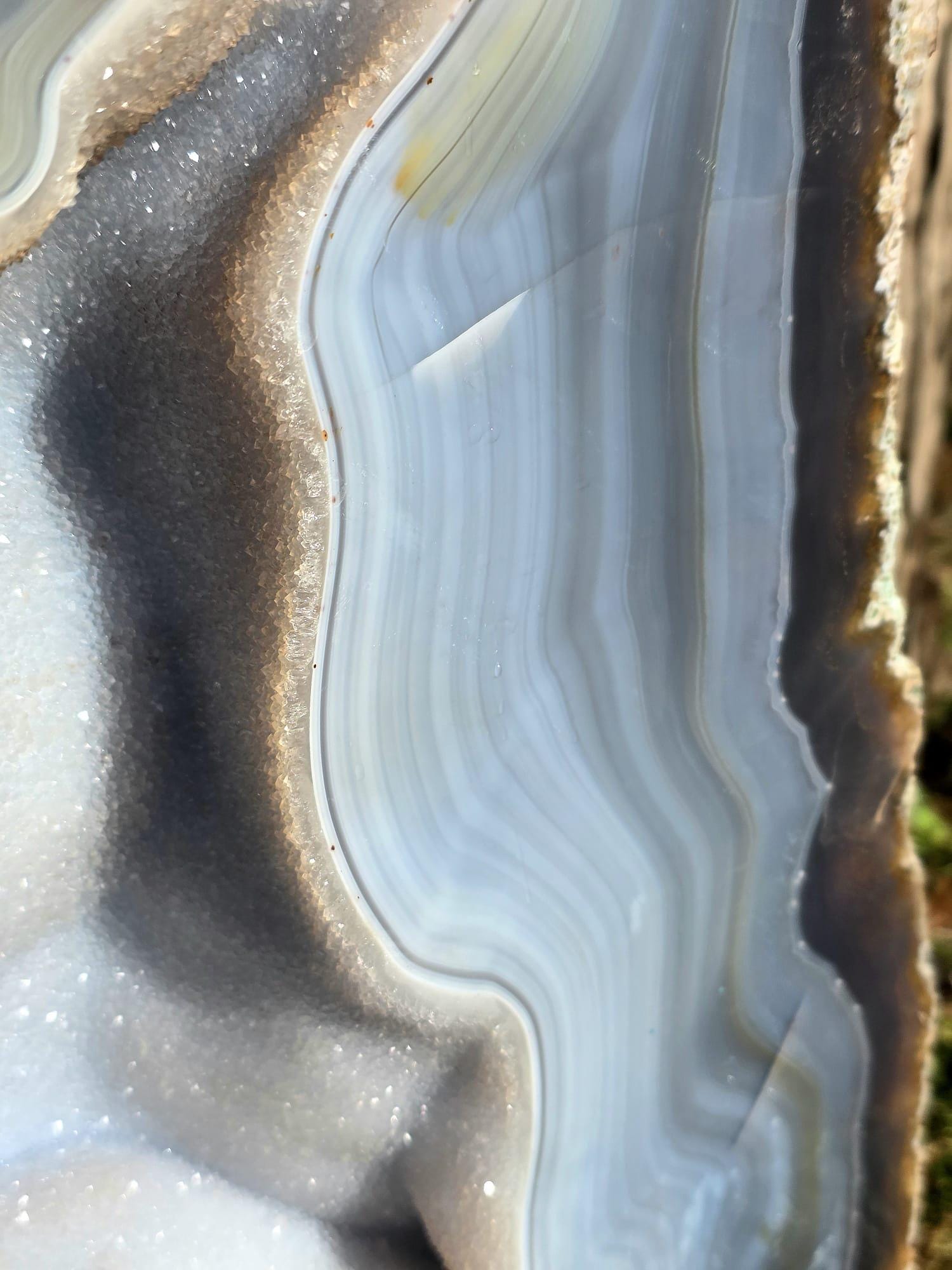 Large polished blue agate geode crystal display specimen