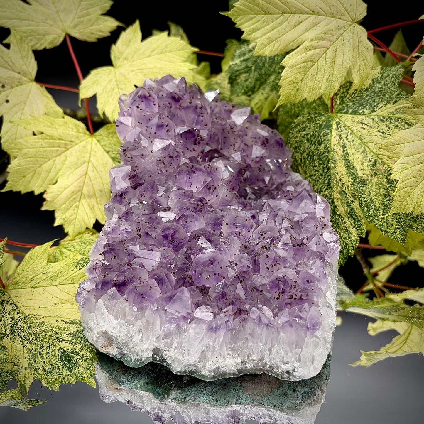 Natural amethyst crystal cluster with purple crystal points displayed on a reflective surface.