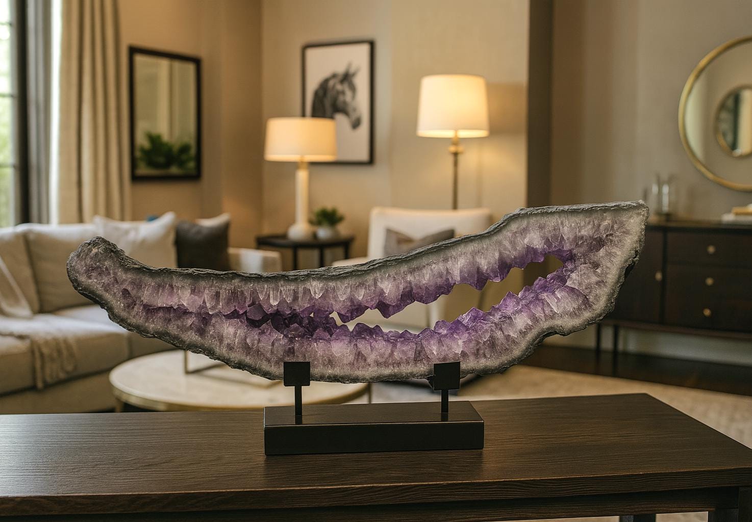 Large Brazilian amethyst portal displayed on custom stand.