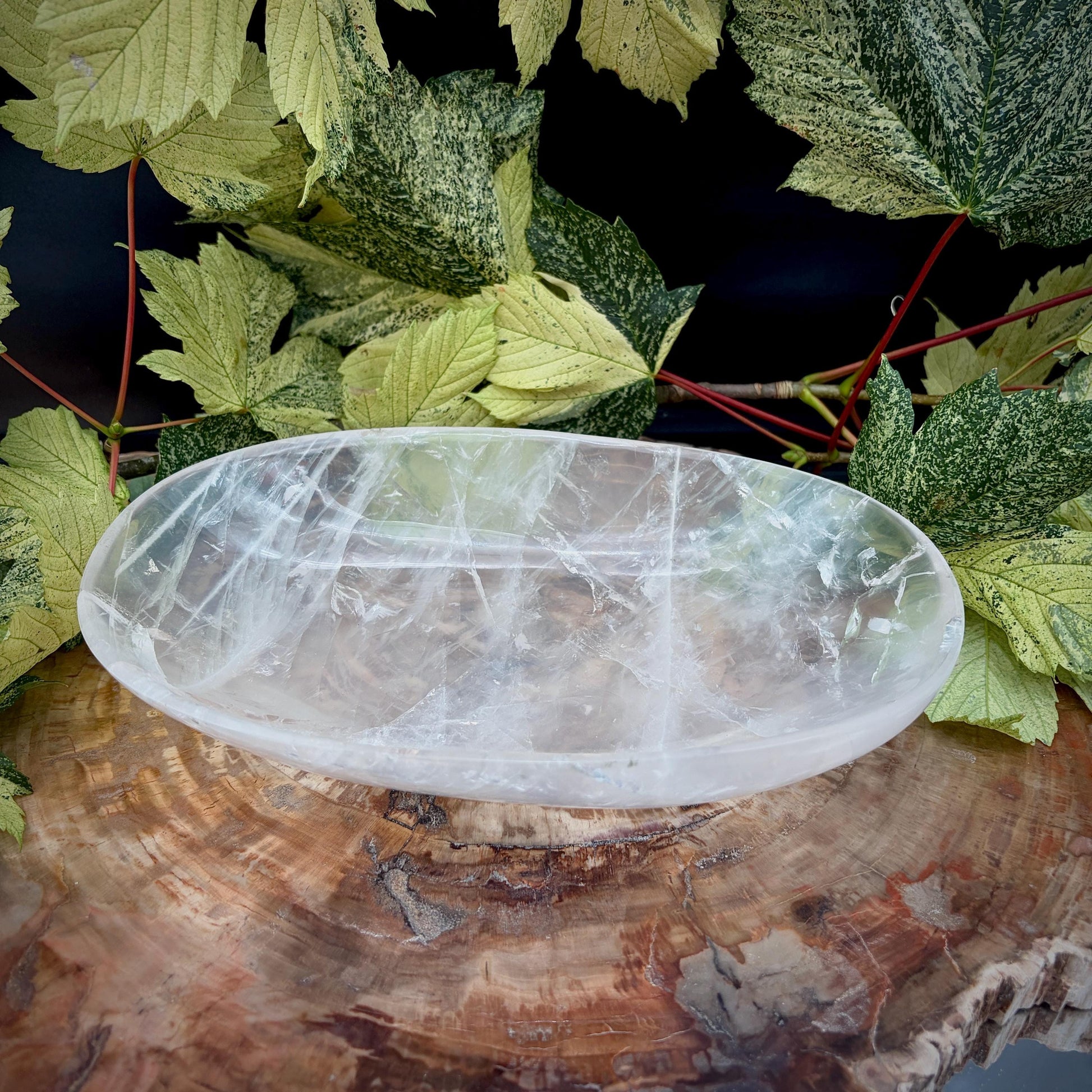 Large Clear Quartz crystal bowl showing natural internal markings