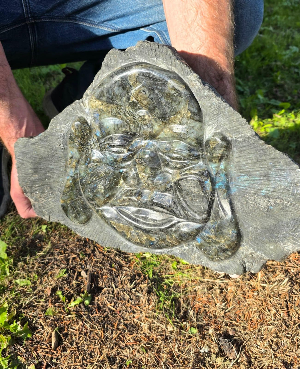 Large Labradorite crystal Buddha sculpture for interior styling