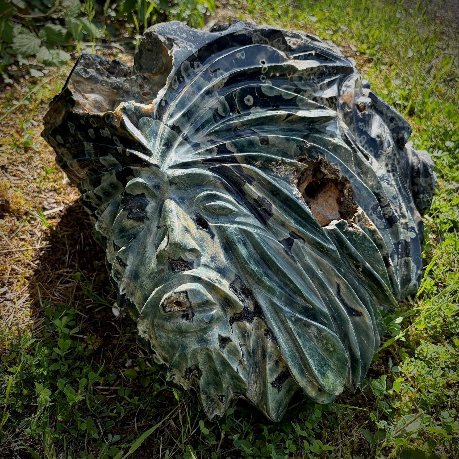 Large Green Man carved crystal for unique home décor, interiors and collector display