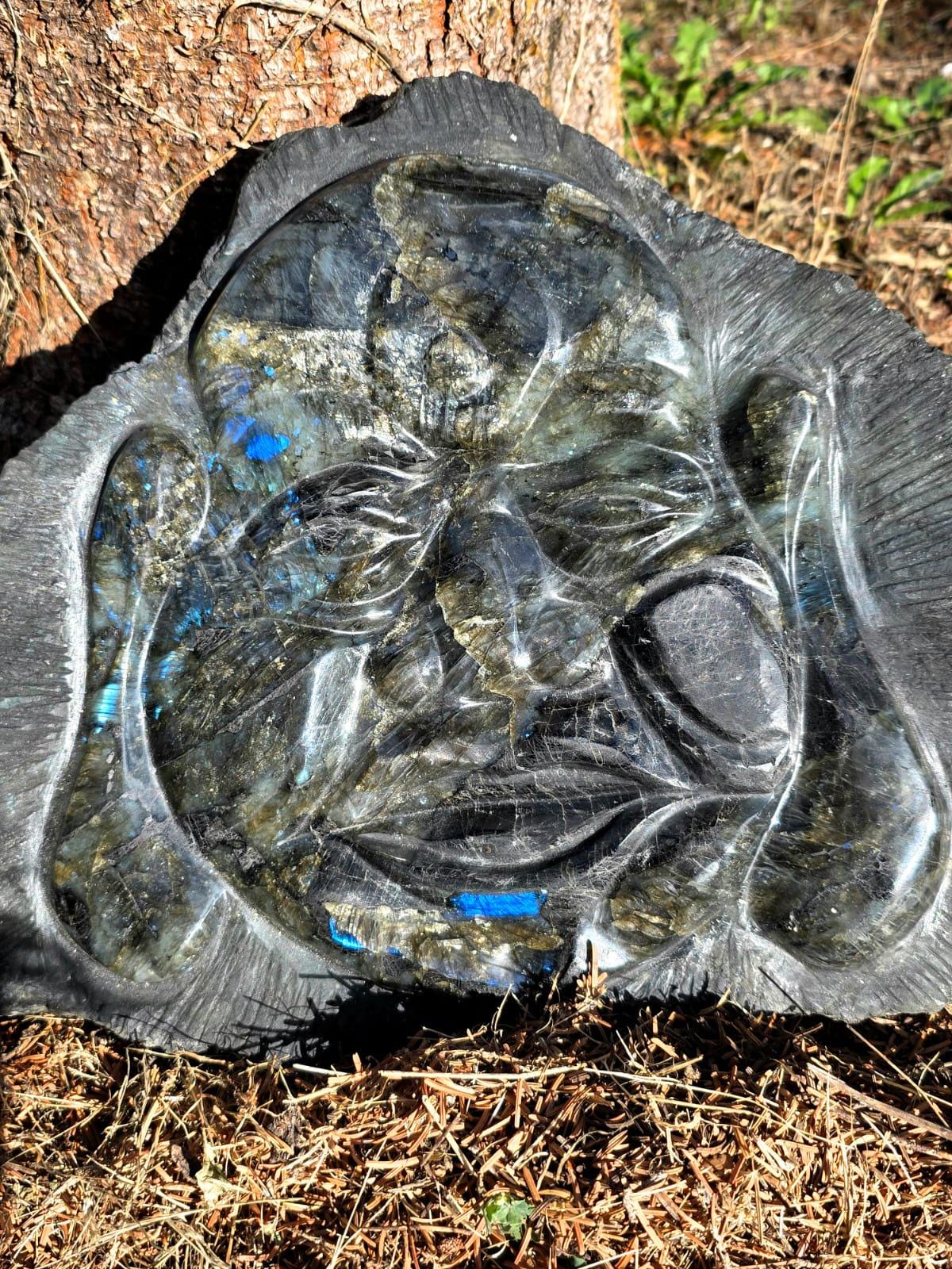 Large Madagascan Labradorite Buddha sculpture carved from natural stone