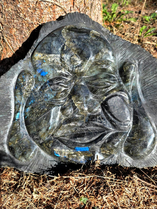 Large Madagascan Labradorite Buddha sculpture carved from natural stone