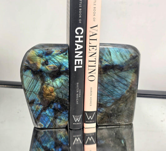 Luxury labradorite crystal bookends with vibrant natural flash for high-end home décor.