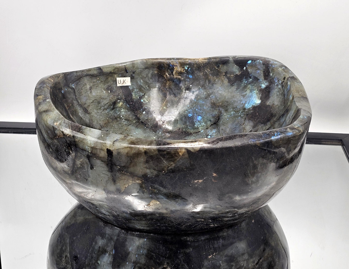 Large Labradorite Crystal Bowl with stunning iridescent flashes, perfect for home décor.
