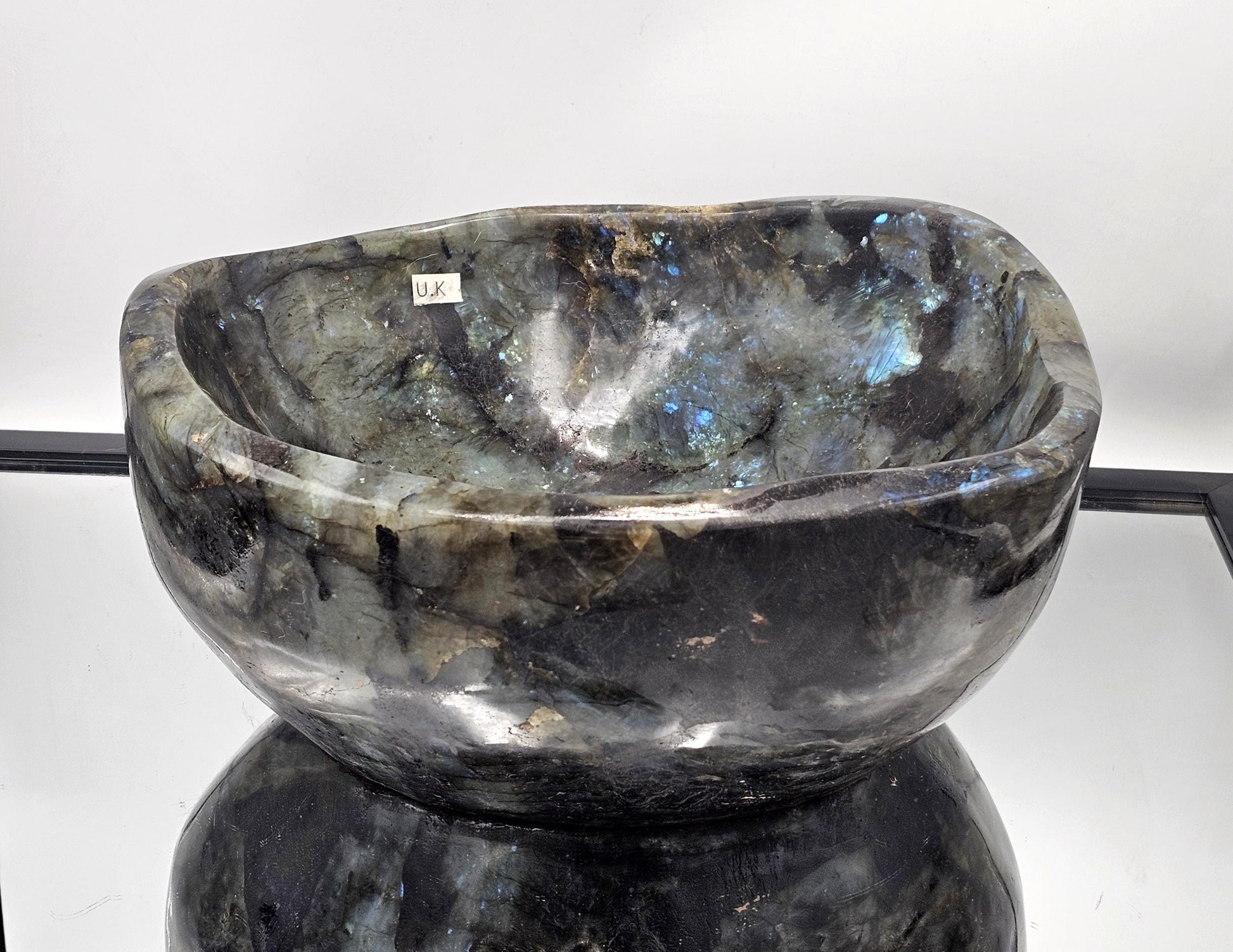 Large Labradorite Crystal Bowl with stunning iridescent flashes, perfect for home décor.