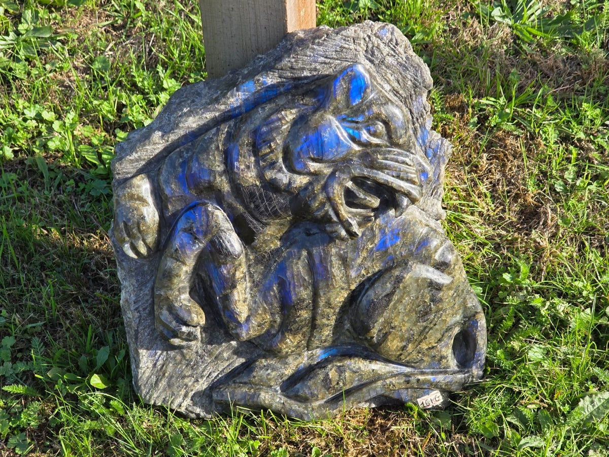 Large Madagascan Labradorite Jaguar sculpture carved from natural stone