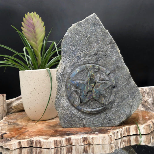 Large natural Labradorite crystal carving featuring a pentagram star design, weighing 3.91kg.