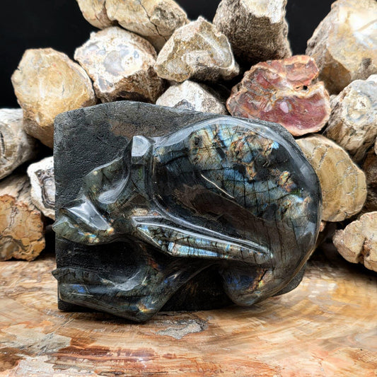 Large Labradorite freeform with polished skull face carving