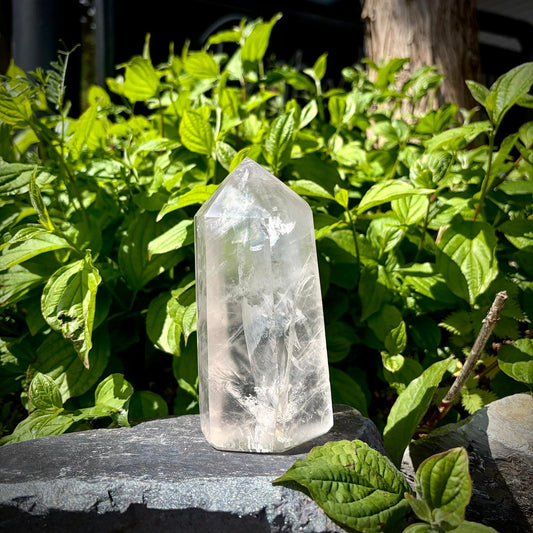 Large Madagascar quartz tower decor piece with natural clarity and polished prism finish.