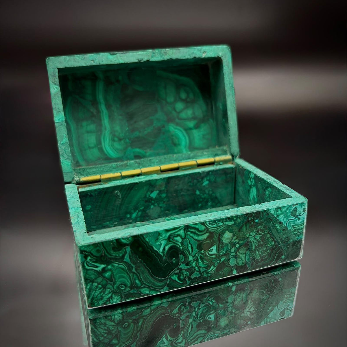 Large genuine Malachite jewellery and keepsake box with polished natural green stone and distinctive mineral patterns.