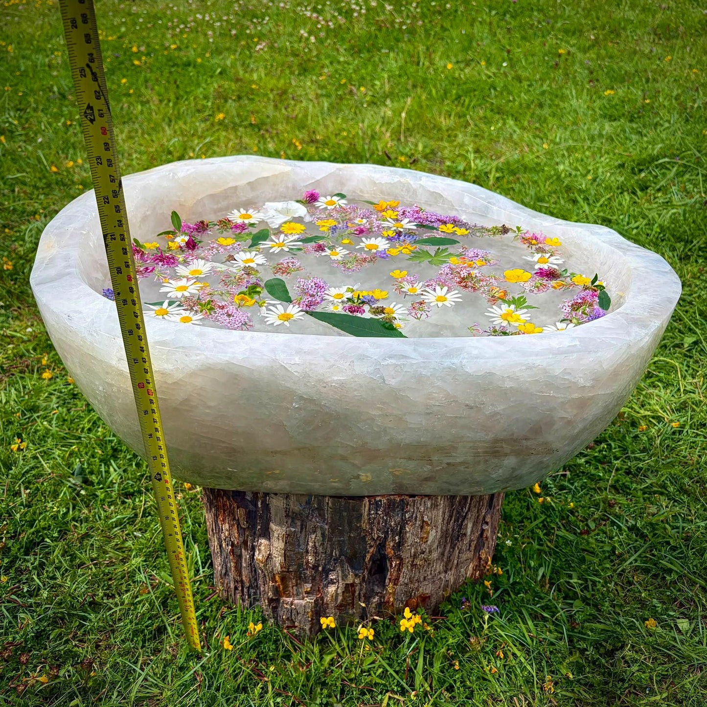 Large milky Quartz bowl styled as a luxury crystal feature for interior design.