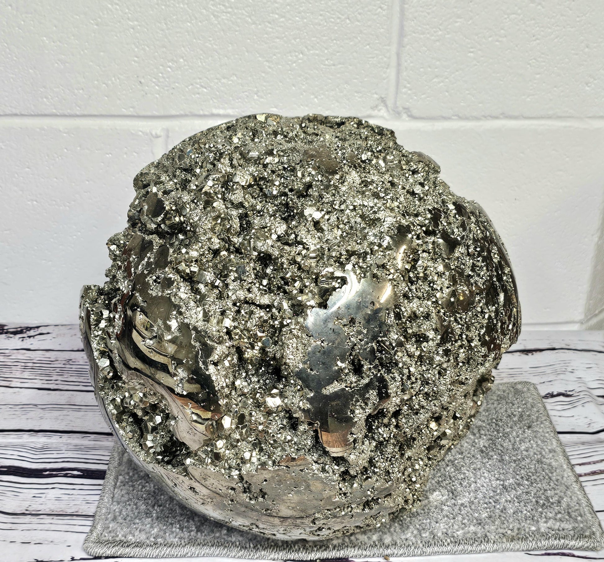 Very large Peruvian Pyrite crystal sphere with cubic formations.