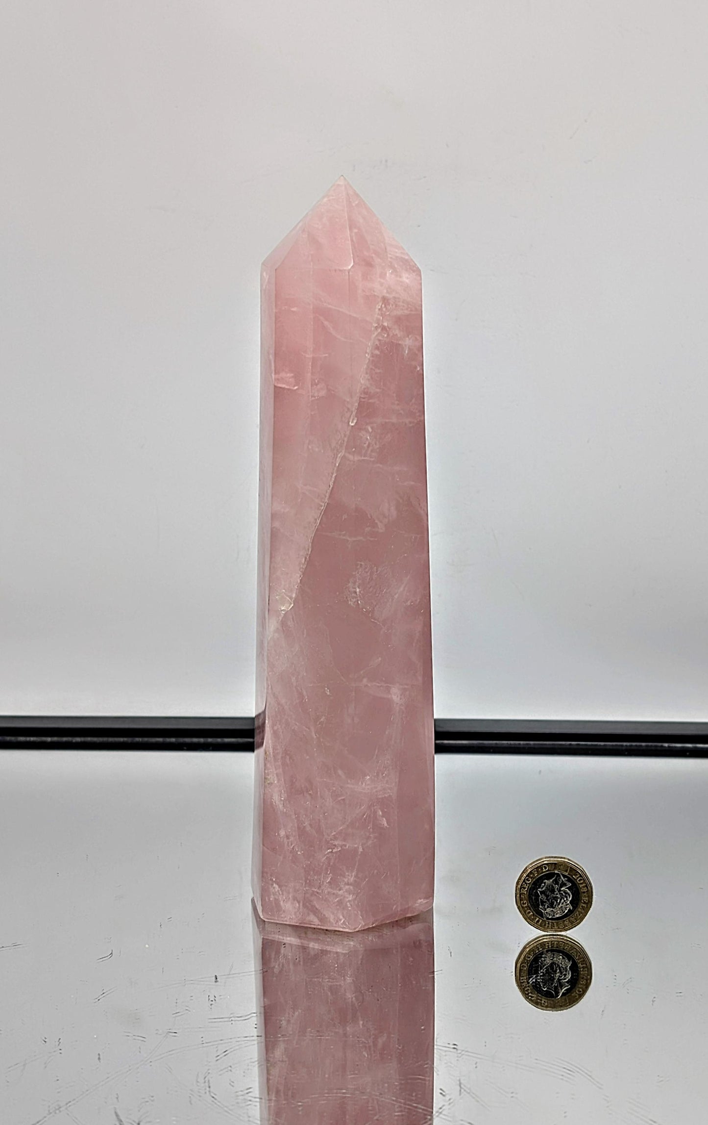 Unique large pink rose quartz crystal prism, sourced from Madagascar.