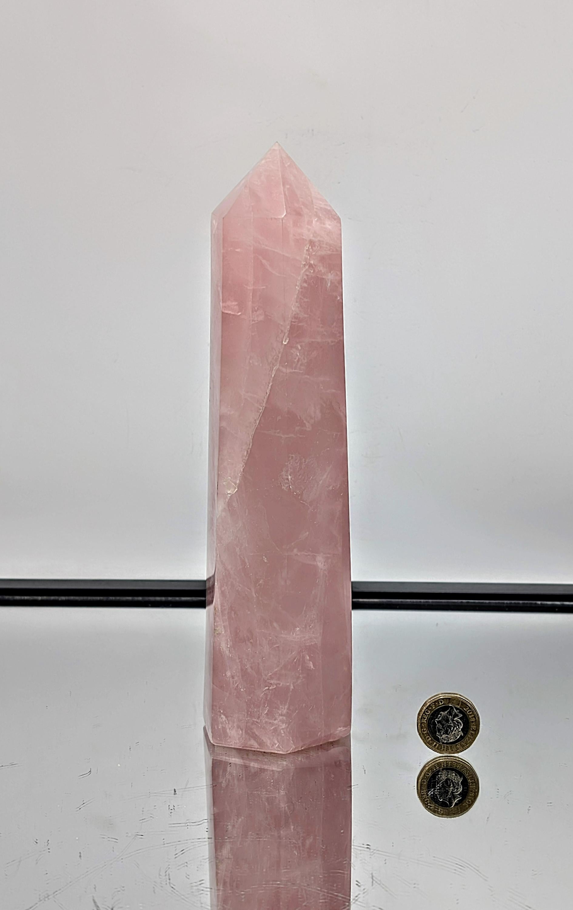 Unique large pink rose quartz crystal prism, sourced from Madagascar.