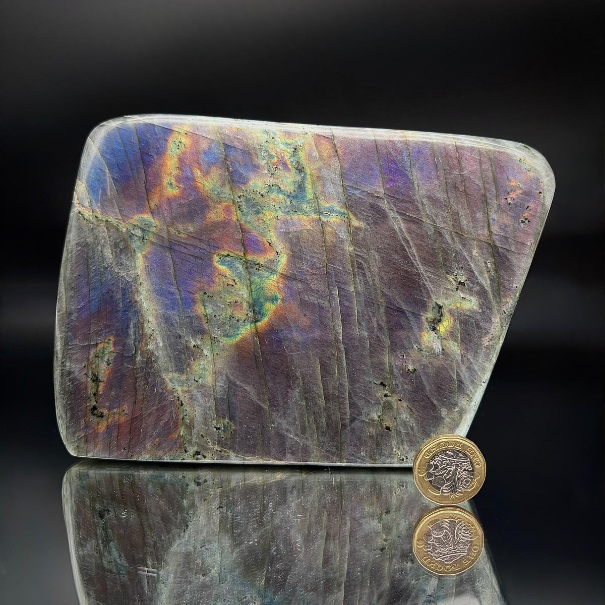 Large Purple Labradorite crystal freeform from Madagascar with exceptional natural labradorescence.
