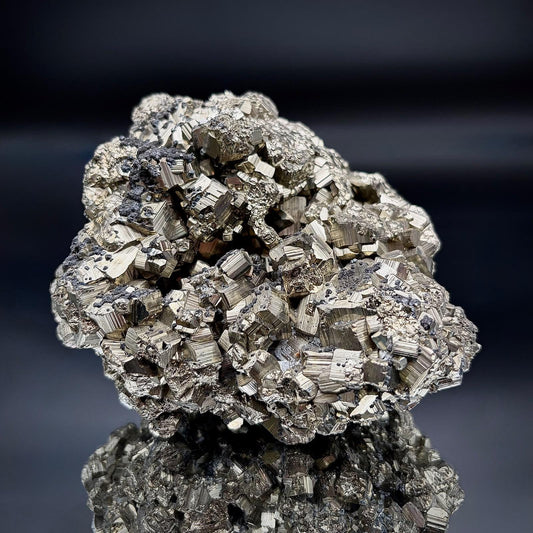 large high-grade Peruvian Pyrite crystal cluster featuring natural metallic golden crystals and a distinctive mineral formation.