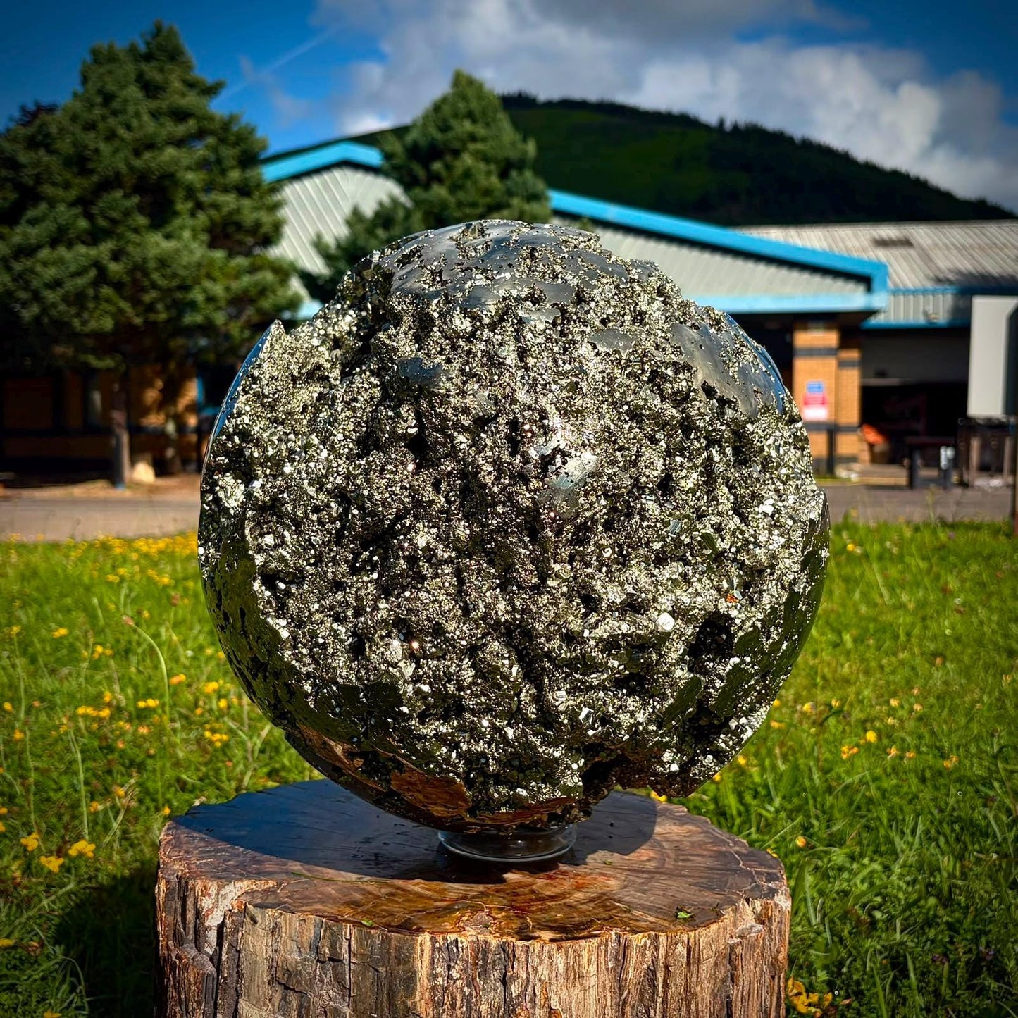 Large Pyrite sphere used in bespoke interior styling with rich metallic texture.
