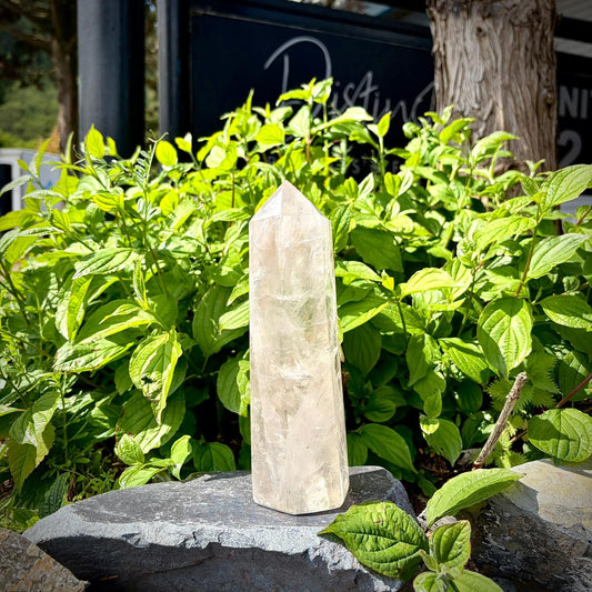 Large quartz crystal tower from Madagascar, polished into a refined decorative display stone.