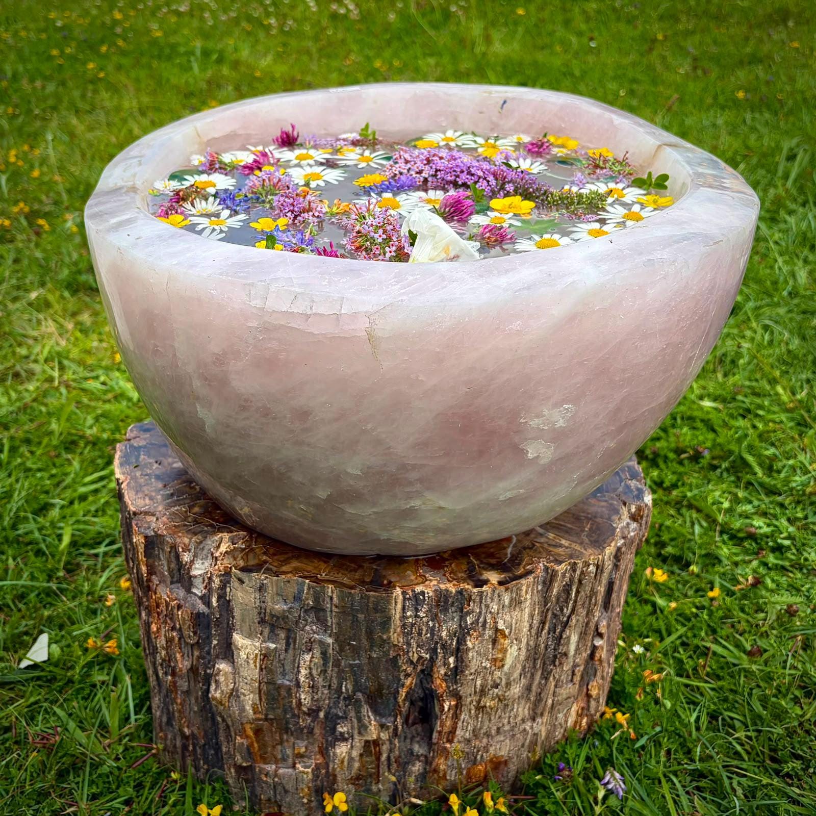 Large hand-carved Rose Quartz bowl styled as a statement feature for luxury home interiors.