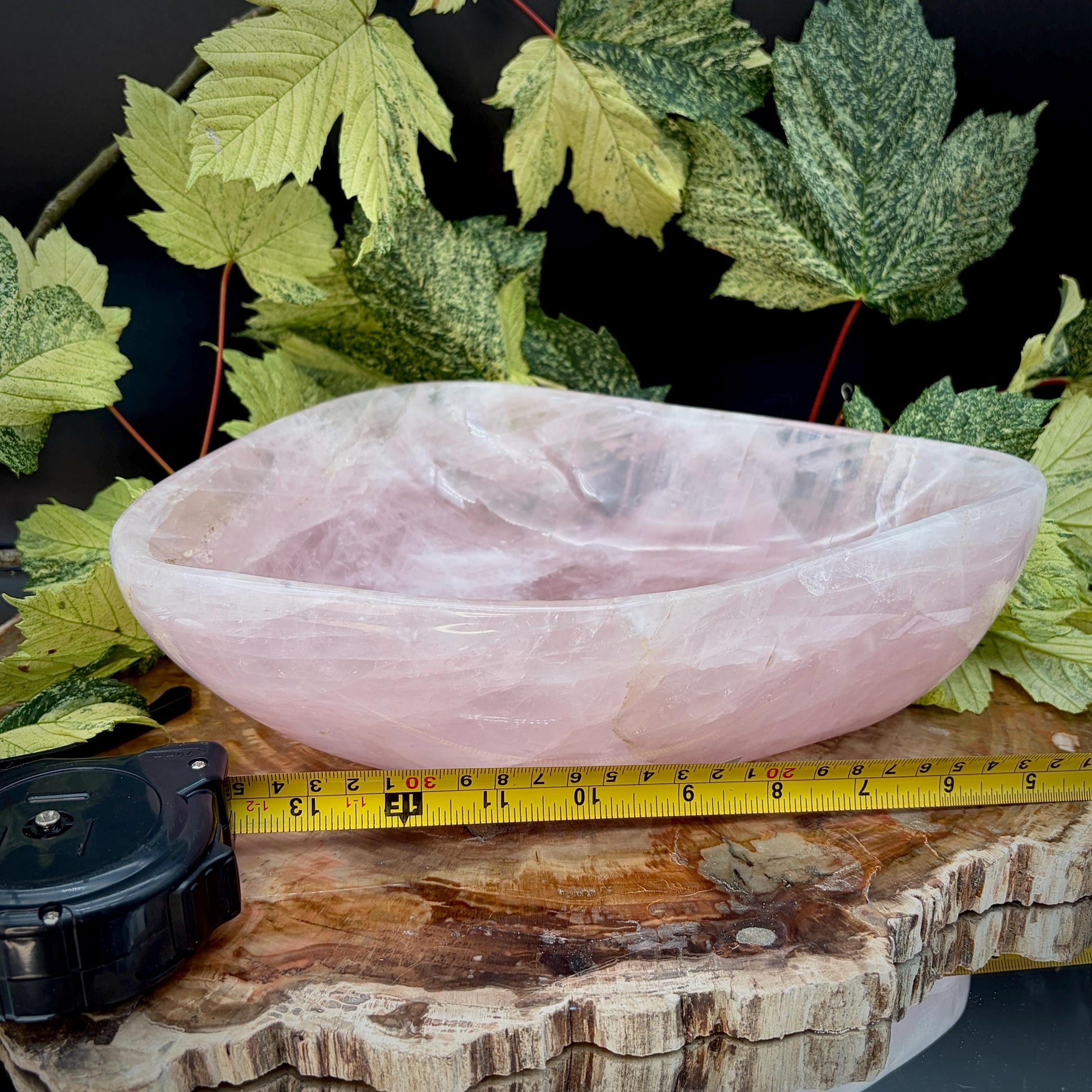 Large Rose Quartz crystal bowl with natural blush pink tones