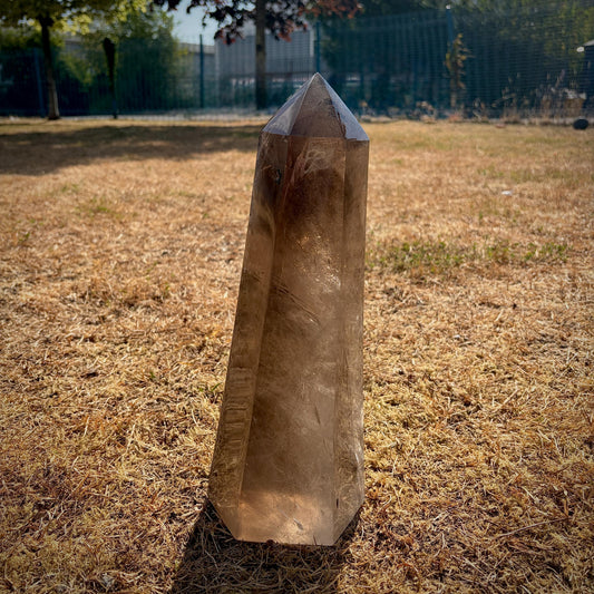 Side profile of polished Smoky Quartz point displaying its elegant natural formation.
