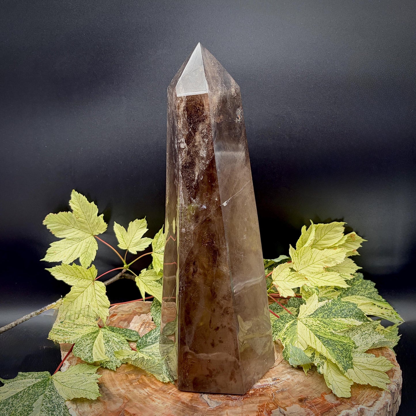 Detailed view of the polished point on the large Smoky Quartz crystal tower.