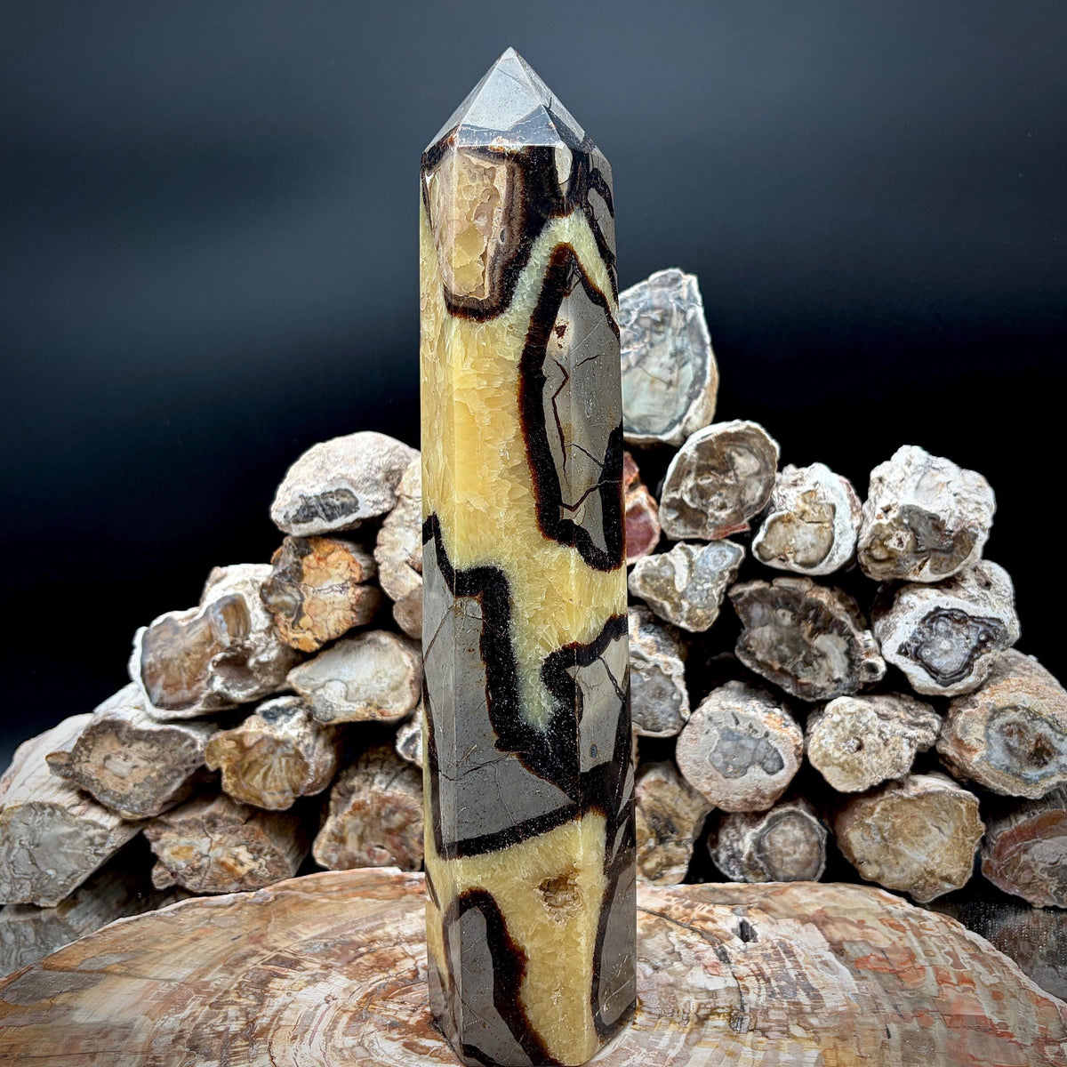 large Yellow Septarian crystal prism tower weighing 2.6kg